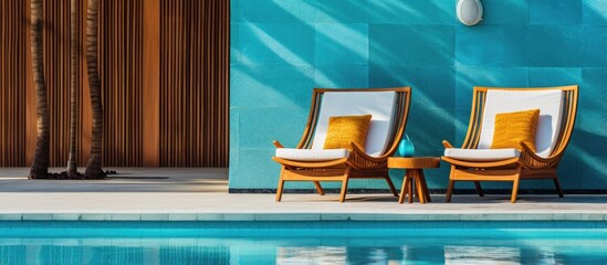 Sticker - Luxury hotel poolside seating wooden chairs and sofa