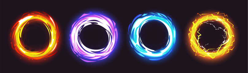 Wall Mural - magic portal light effect set isolated on black background. vector cartoon illustration of orange, y