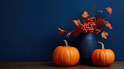 Wall Mural -  two pumpkins and a blue vase on a wooden table.  generative ai