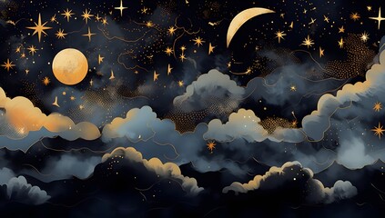 Wall Mural - Seamless pattern of the night sky with gold foil constellations stars and clouds watercolor. Generative ai