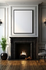 Poster - Living room with fire place and mirror on the wall.