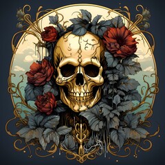 Canvas Print - Skull with wreath of roses on it's head.