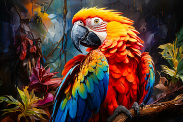 Poster - Image of colorful parrot sitting on tree branch.