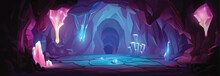Treasure Cave With Blue Crystals On Walls. Vector Cartoon Illustration Of Underground Mine Tunnel With Sparkling Diamond Gem Stones, Rocky Mineral Stalactites On Ceiling In Dungeon, Game Background