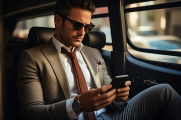 Poster - Man in suit and tie using cell phone.