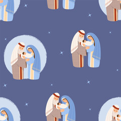 Wall Mural - Christmas seamless pattern. Holy family. Cute Virgin Mary and Joseph with baby Jesus Christ on blue background. vector illustration for Xmas holiday design, wallpaper, decor, print, packaging.