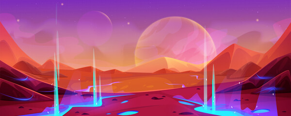 Wall Mural - alien space planet landscape background. brook crack on mars desert vector game illustration. martia