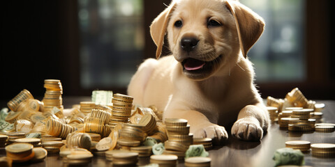 Happy puppy dog smiling with dollar realistic 4k