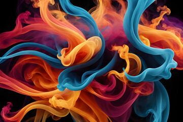 Wall Mural - Abstract colorful smoke swirls on black background