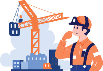 Hand Drawn Engineer or architect with building under construction in flat style