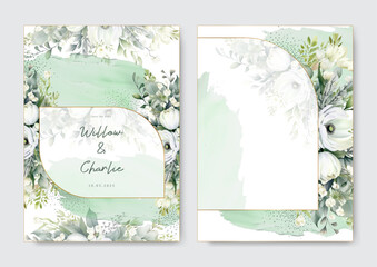 Wall Mural - Moody boho chic watercolor wedding invitation template set with floral white peony and rose