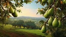 A Scene Showcasing An Avocado Orchard With Ripe Fruit Hanging From Trees, Set Against A Textured Background, AI Generated