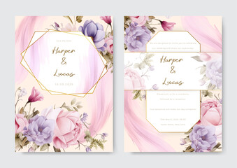 Canvas Print - Pink rose and purple violet peony elegant wedding invitation card with beautiful floral template