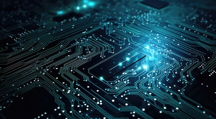 Leinwandbilder - Futuristic neon microprocessor on blue background. Integrated microchip