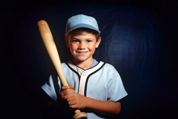 Wall Mural - A young boy holding a wooden baseball bat. A little boy plays baseball on a dark background.