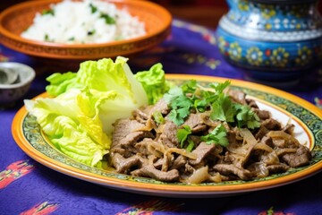 Wall Mural - beef stroganoff with a lettuce salad on a turquoise plate