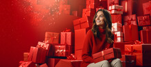 Beautiful Woman Sitting In The Pile Of Red Christmas Or Valentine's Day Presents - Banner With Copy Space. Generative Ai 