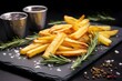 fries sprinkled with rosemary on a black slate
