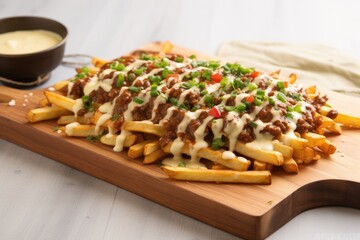 Poster - smothered chili cheese fries on a breadboard