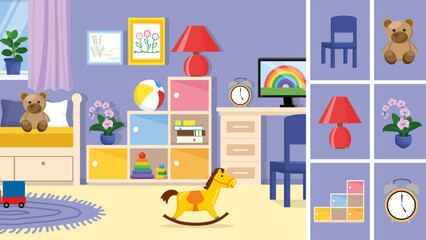 Wall Mural - Children room interior with furniture, toys and accessories. Vector illustration in flat style