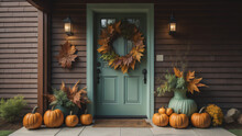Fall Autumn Wreath On Brown Front Door And Autumn Decor On Front Door Steps. Ai Generated