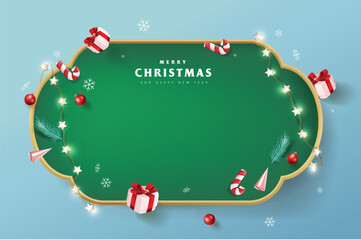 Wall Mural - merry christmas sign banner frame with empty space and festive decoration on blue background