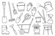 Set of hand-drawn rough line illustrations with a gardening theme