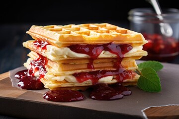 Poster - waffles sandwich filled with strawberry jam