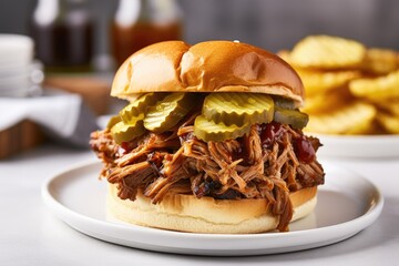 Wall Mural - pulled pork sandwich stacked with pickles on a white plate