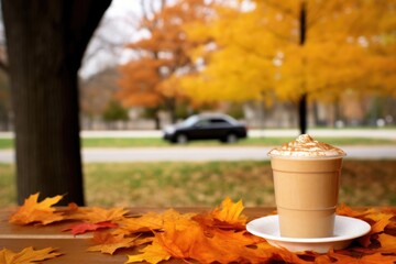 Sticker - outdoor shot of pumpkin spice latte on a park bench