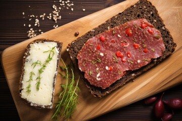 Sticker - rye bread sandwich with salami and cheese, seen from above