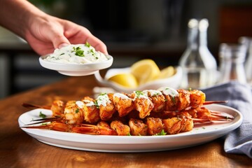 Sticker - platter of shrimp skewers being served by a hand