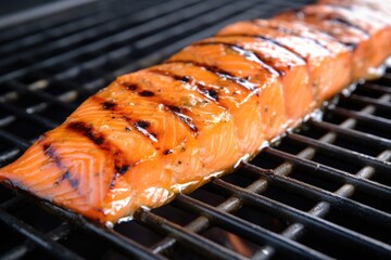 Canvas Print - grilled salmon with apple cider glaze, close-up on bbq grid