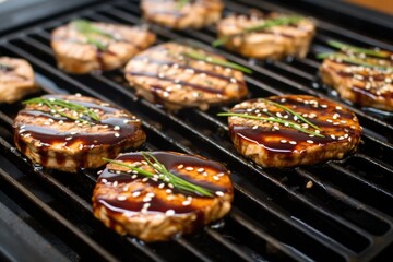 Sticker - close-up of teriyaki marinade pooling on tofu steaks