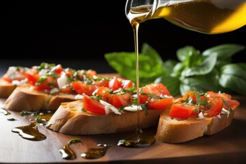 Wall Mural - drizzling olive oil over bruschetta