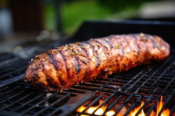 Wall Mural - bbq pork tenderloin resting beside a hot grill