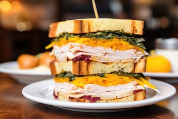 Poster - a tall triple decker sandwich with turkey, ham, and cheese