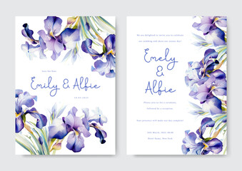 Wall Mural - Purple flower wedding invitation template watercolor with floral
