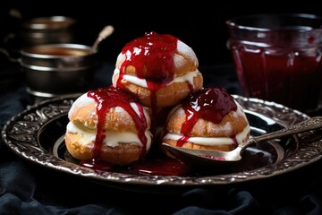 Poster - vegan sufganiyot filled with jelly on a ceramic tray