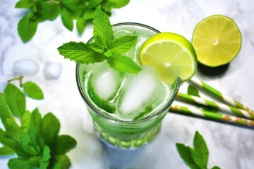 Sticker - overhead shot of a mojito, lime wedges, and a muddler