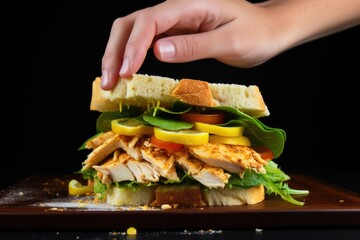 Poster - human hand squeezing lemon onto chicken sandwich