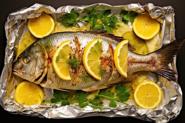 Wall Mural - top view of a barbecue-grilled sea bream with lemons on foil