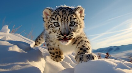 snow leopard cub crawling across the snow (generative ai)