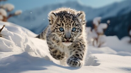Wall Mural - snow leopard cub crawling across the snow (generative AI)