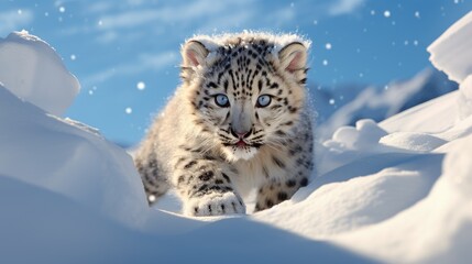 Wall Mural - snow leopard cub crawling across the snow (generative AI)