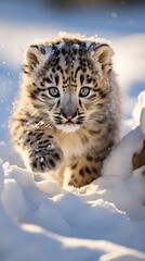 Wall Mural - snow leopard cub crawling across the snow (generative AI)