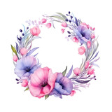 Watercolor wreath of pink and purple eustoma flowers. Isolate. For wedding invitations, cards.