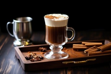 irish coffee in a glass mug on a wooden tray