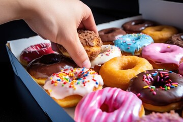 Canvas Print - hand picking the last donut from the donut box