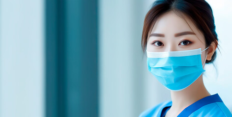 Wall Mural - Portrait of a female surgeon, doctor or nurse wearing a facemask and a hairnet for sterile hygienic environment before treating a patient. Shallow field of view with copy space.